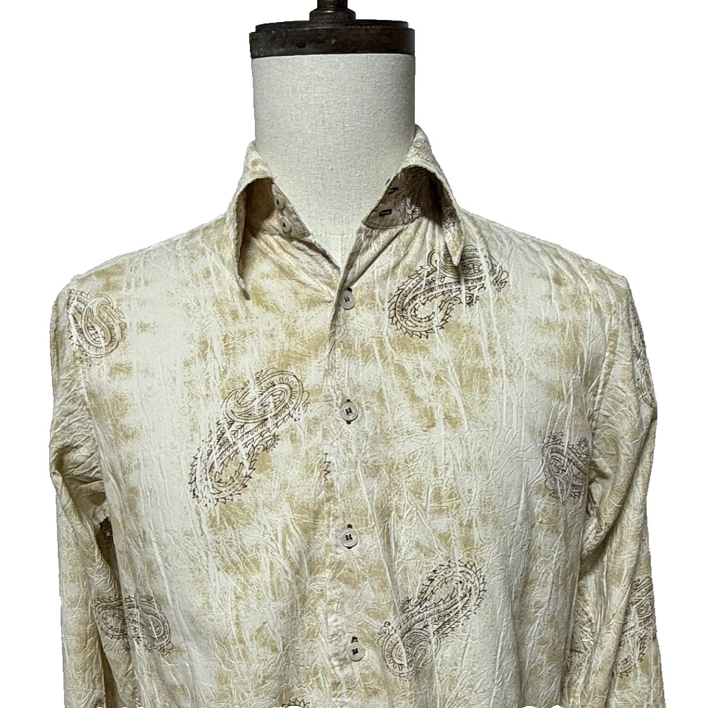 7 Diamond Shirt Mens Small Cream‎ Paisley Textured Long Sleeve Beachy Coastal